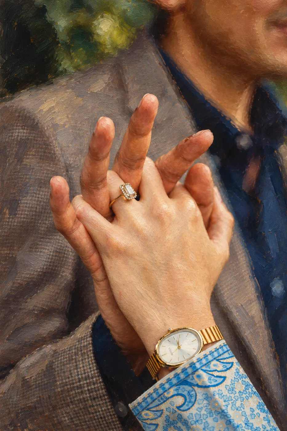 Pintura al óleo de las manos de los novios con el anillo de compromiso