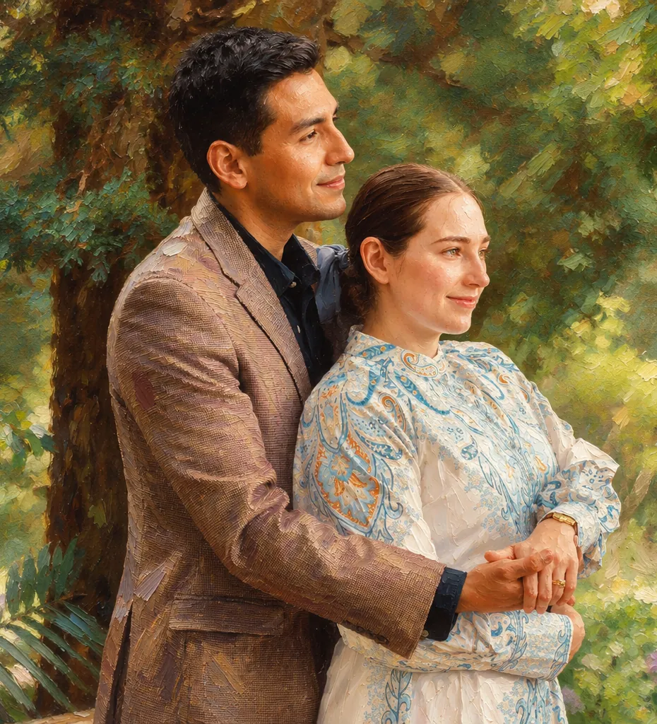 Retrato al óleo de Marinés y Josué abrazados en un jardín